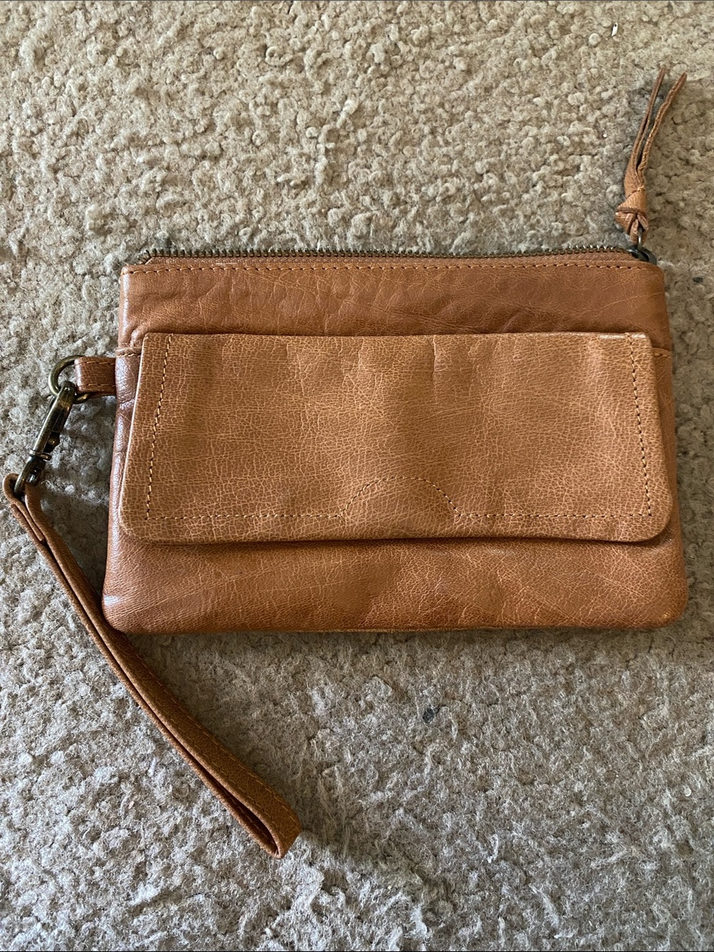 Day & Mood Classic Tan Leather Wristlet Clutch with Front Flap Pocket